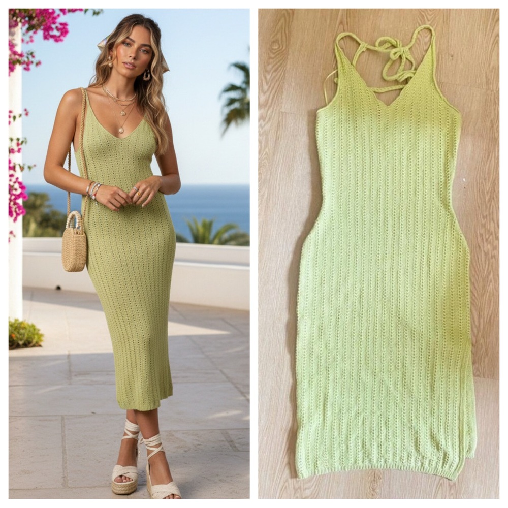 Lelis Lime Green Crochet Knit Dress S Y2K Festival Coastal Mermaidcore Coverup